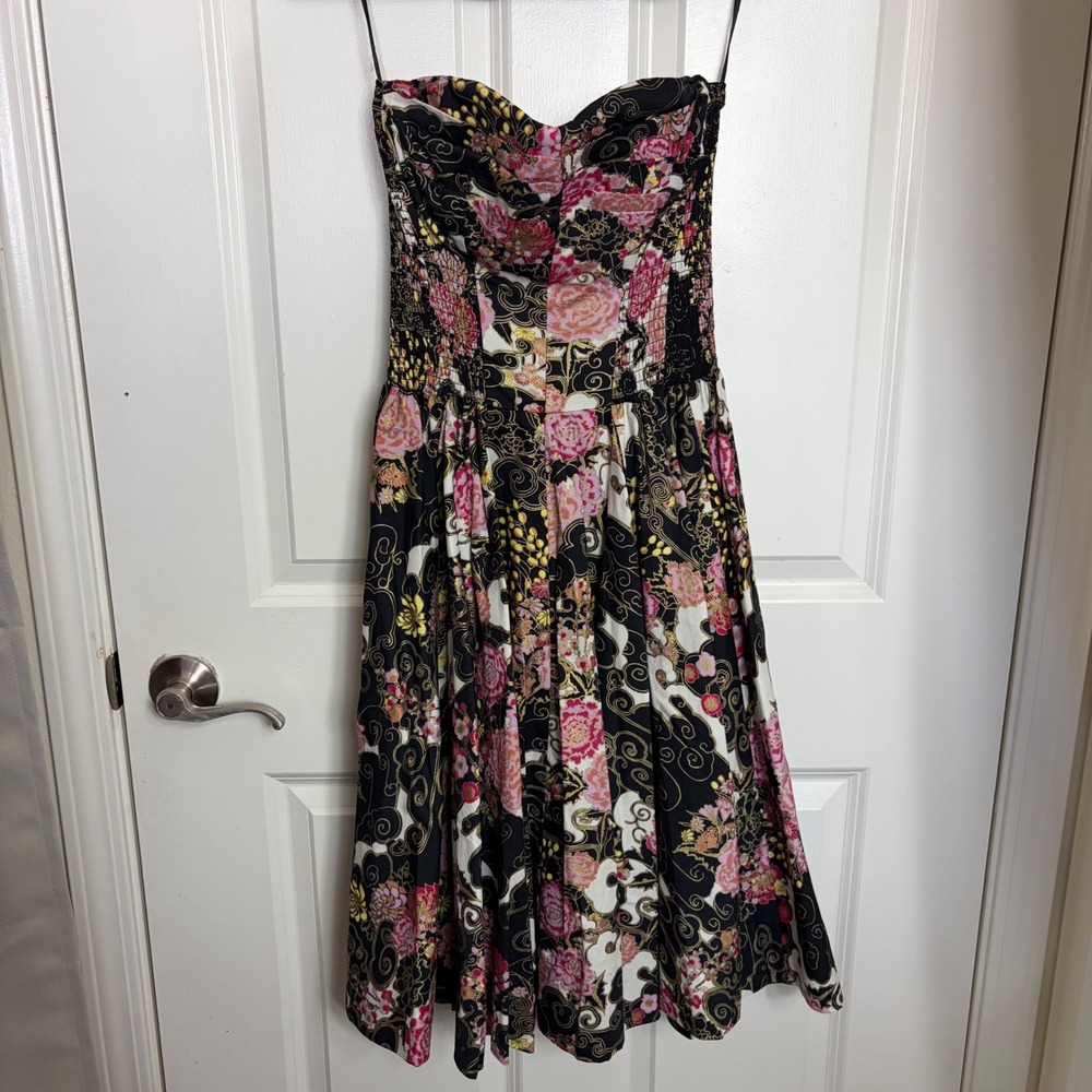 Alfred Shaheen Unique Vintage Floral Smocked Strapless Rockabilly Midi Dress M